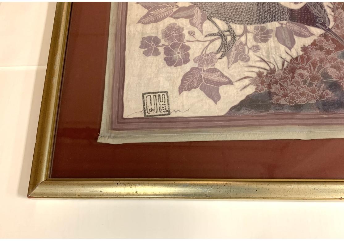 Chinoiserie Signed Framed Asian Weaving With Flycatcher Bird Pair Theme For Sale