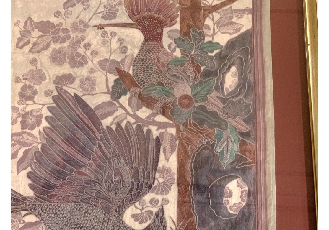 Signed Framed Asian Weaving With Flycatcher Bird Pair Theme In Fair Condition For Sale In Bridgeport, CT