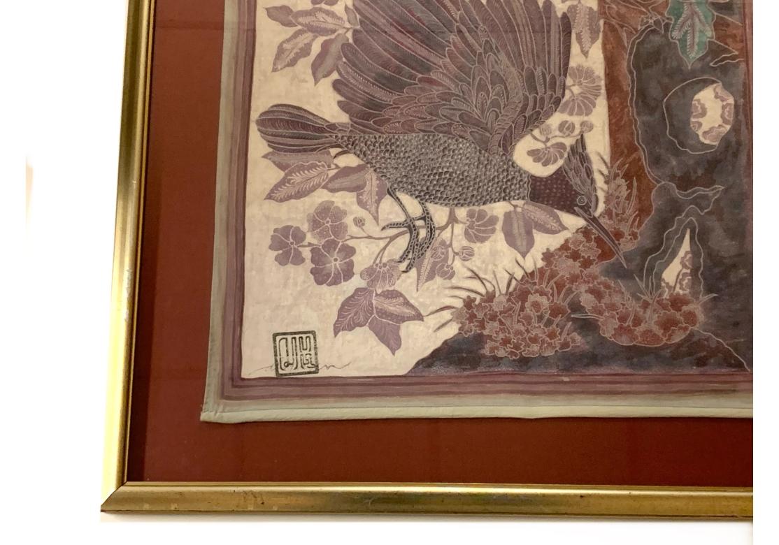 Textile Signed Framed Asian Weaving With Flycatcher Bird Pair Theme For Sale