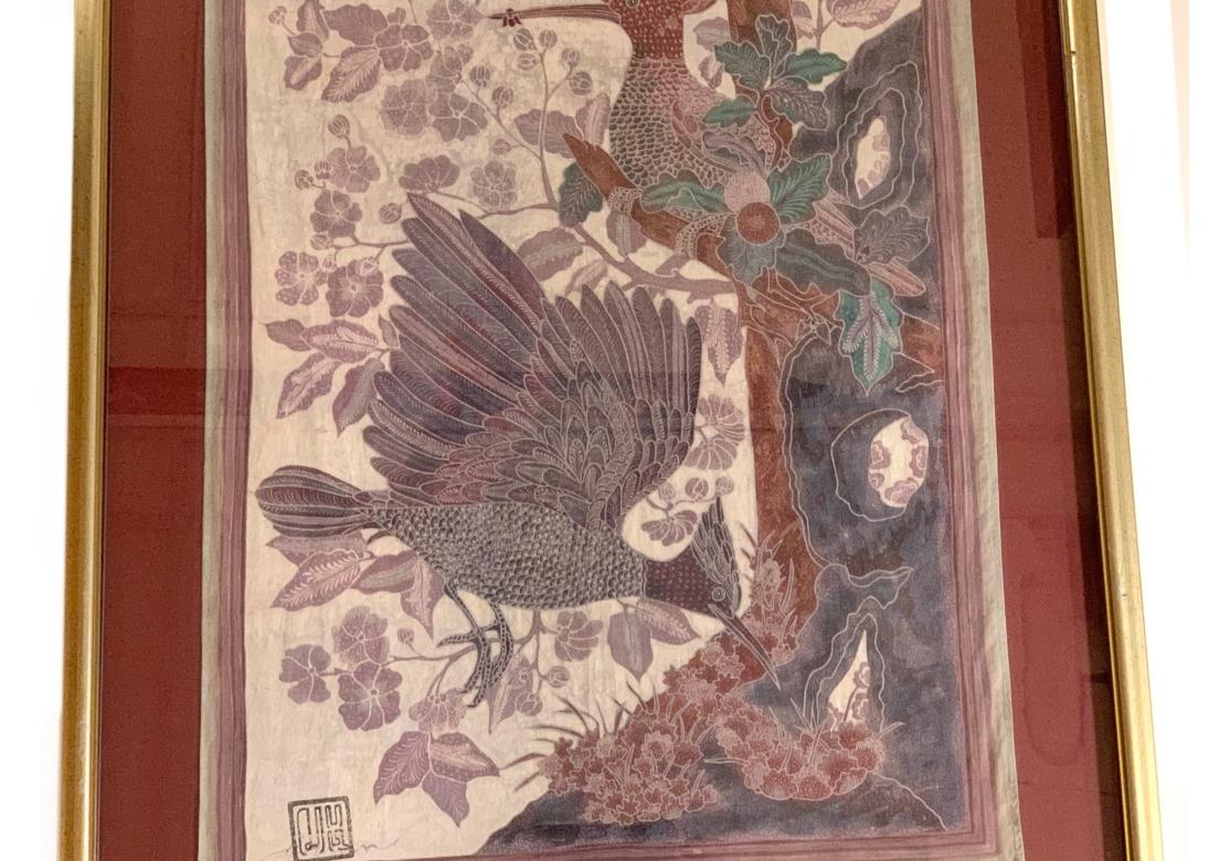 Signed Framed Asian Weaving With Flycatcher Bird Pair Theme For Sale 3
