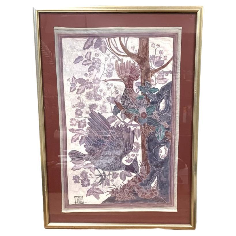 Signed Framed Asian Weaving With Flycatcher Bird Pair Theme