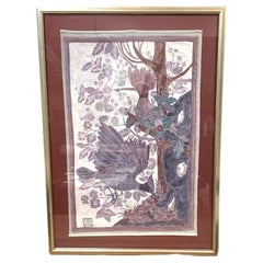 Signed Framed Asian Weaving With Flycatcher Bird Pair Theme