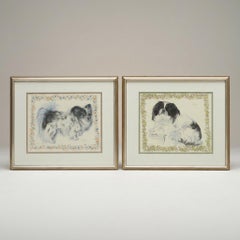 Signed & Framed Dog Watercolor Paintings Of A Spaniel And Pomeranian - Set Of 2