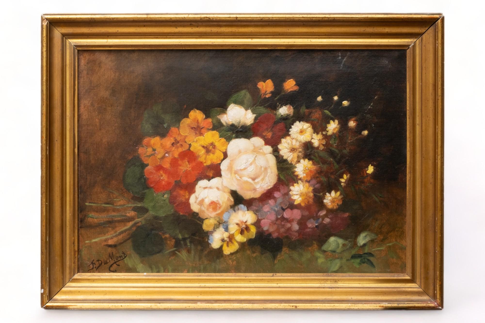 Signed Oil On Canvas Flower Boquet Still Life Attributed to François DUMONT Signed lower left. François Dumont (Born 1850) was active/lived in Belgium. Francois Dumont is known for Painting Scenes reflecting the life of the times and floral still
