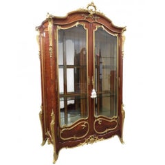 Antique Tall Signed Francois Linke Louis XV Dore' Bronze Mounted Vitrine China Cabinet 