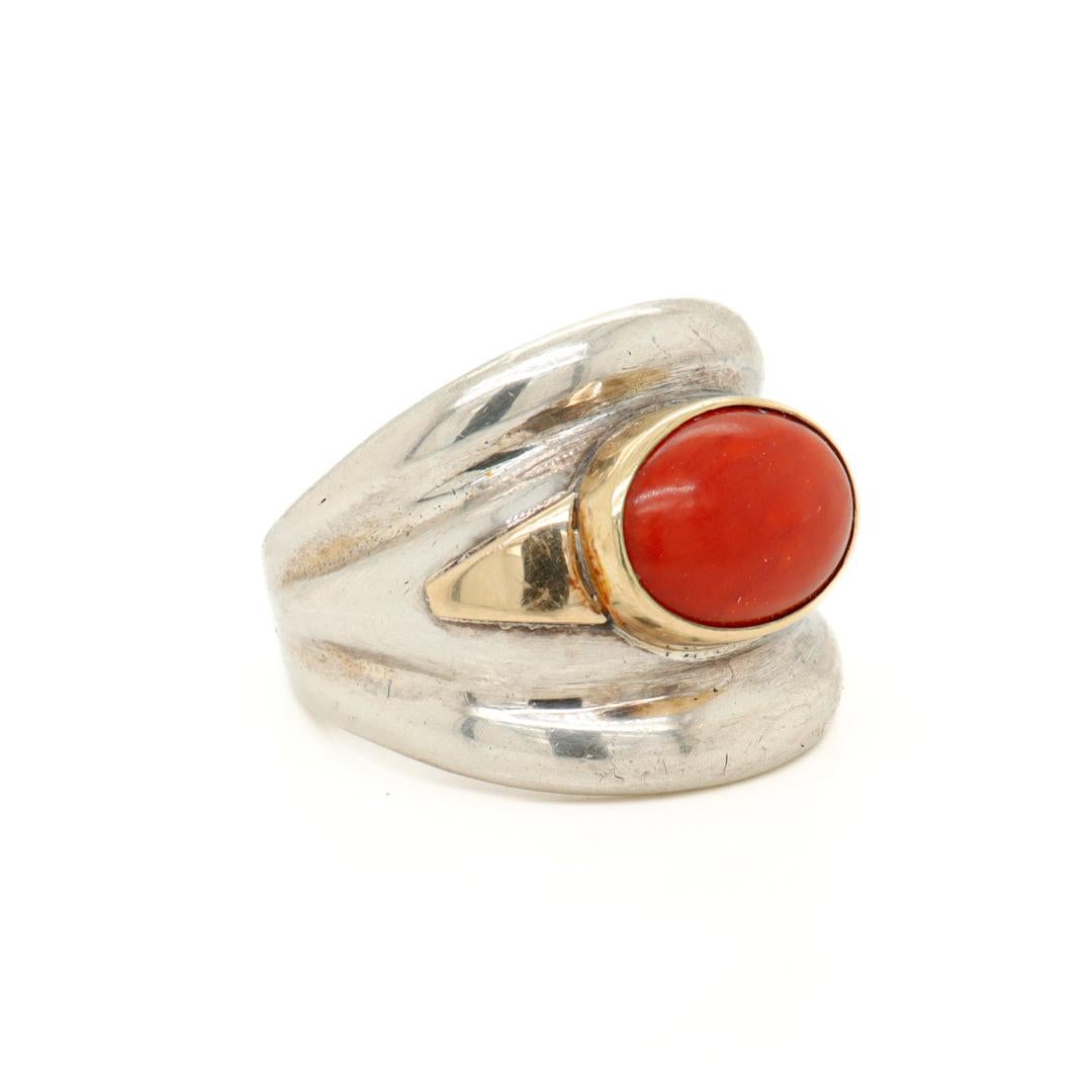 Signed Frank Patania Jr. Southwestern Sterling, 14k Gold, & Coral Signet Ring 4