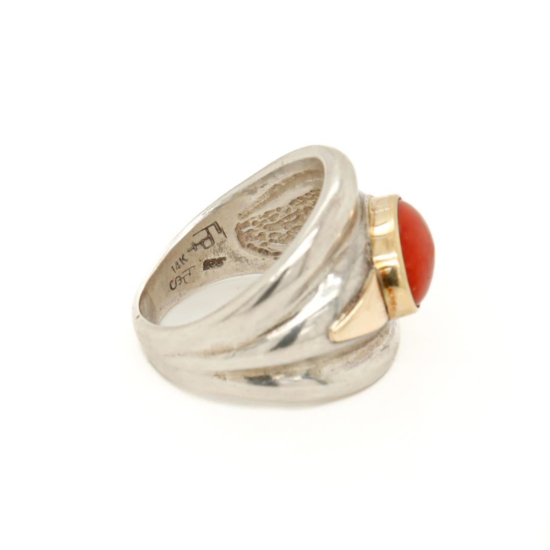 Signed Frank Patania Jr. Southwestern Sterling, 14k Gold, & Coral Signet Ring 6