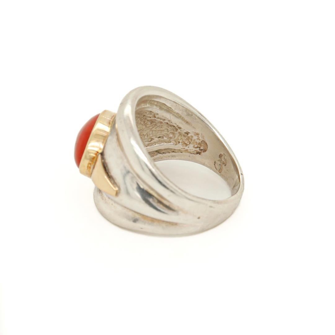 Signed Frank Patania Jr. Southwestern Sterling, 14k Gold, & Coral Signet Ring 7