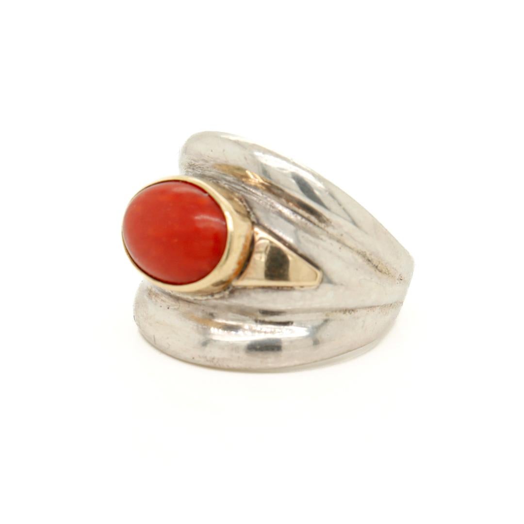 Signed Frank Patania Jr. Southwestern Sterling, 14k Gold, & Coral Signet Ring In Good Condition In Philadelphia, PA