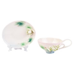 Vintage Signed Franz Porcelain Relief Floral Teacup & Saucer 
