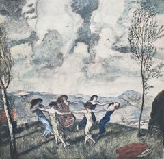 Signierte Franz von Stuck Chromolithographie von sechs Jungfrauen, die in einem Meadow tanzen
