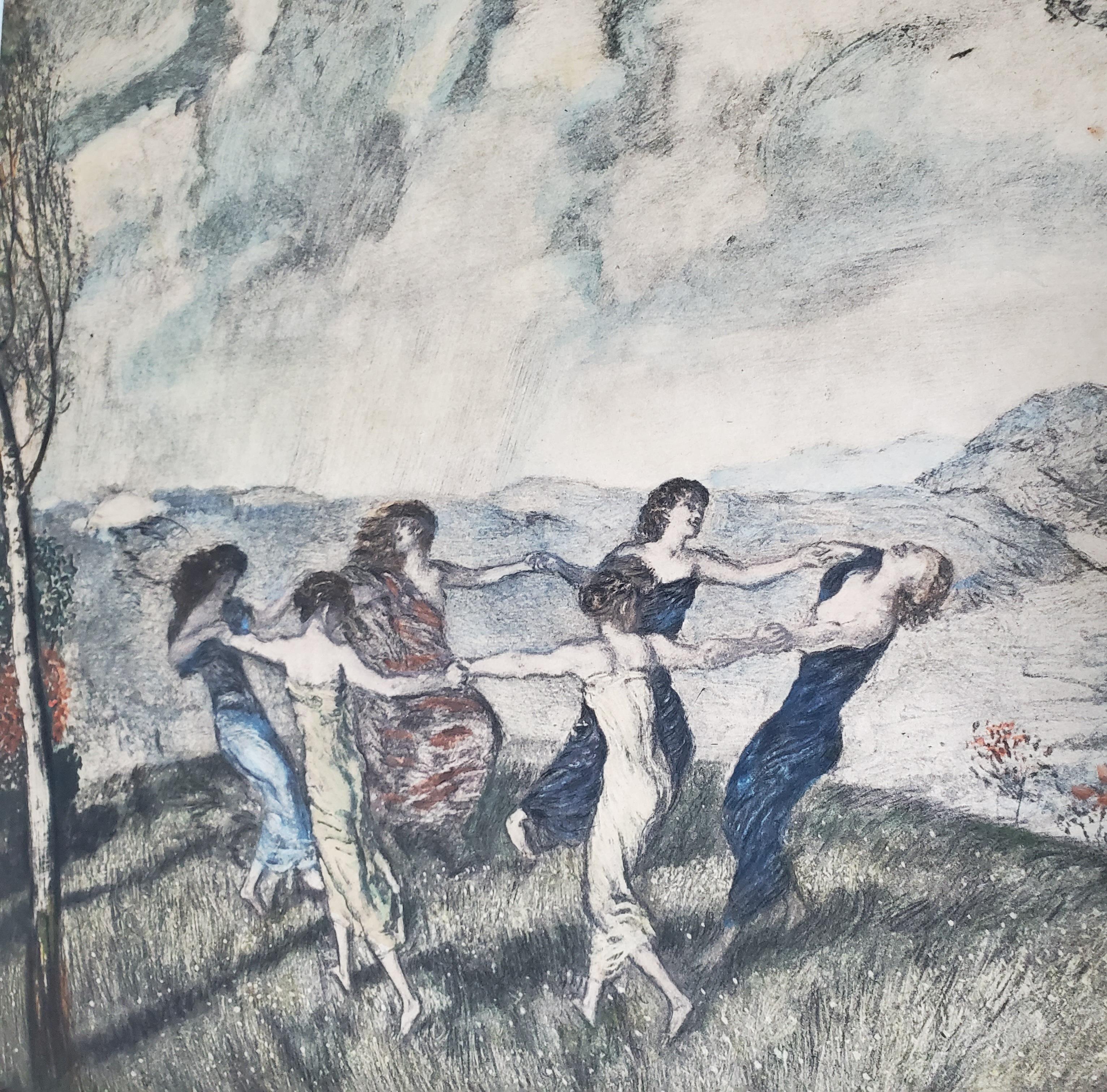 Signierte Franz von Stuck Chromolithographie von sechs Jungfrauen, die in einem Meadow tanzen (Art nouveau) im Angebot