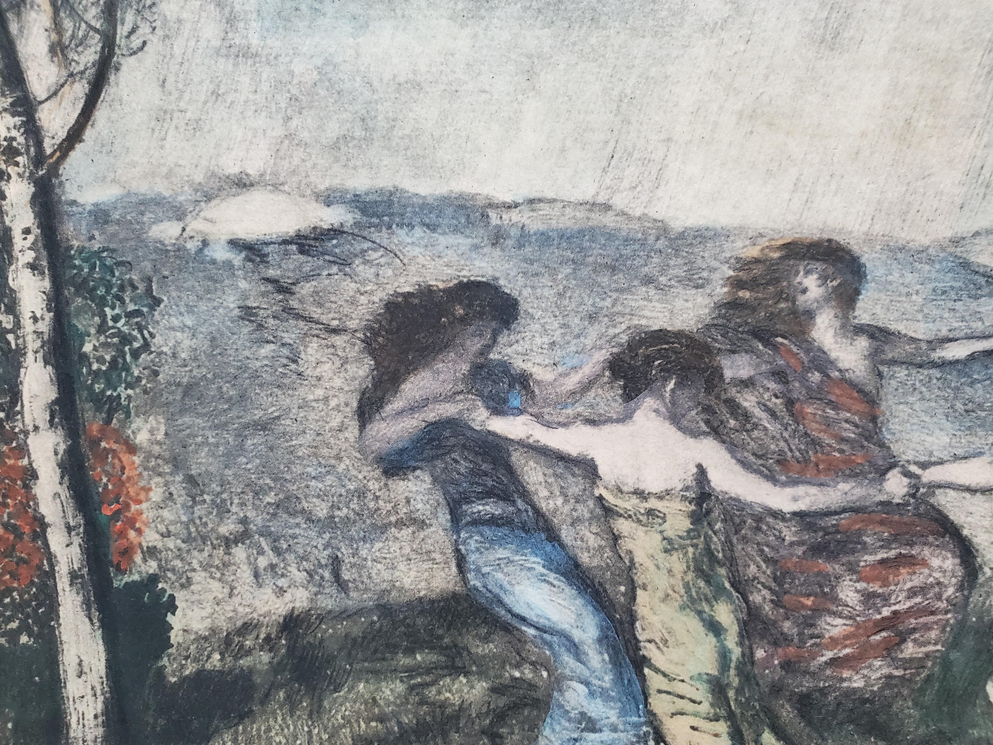 Signierte Franz von Stuck Chromolithographie von sechs Jungfrauen, die in einem Meadow tanzen (Deutsch) im Angebot