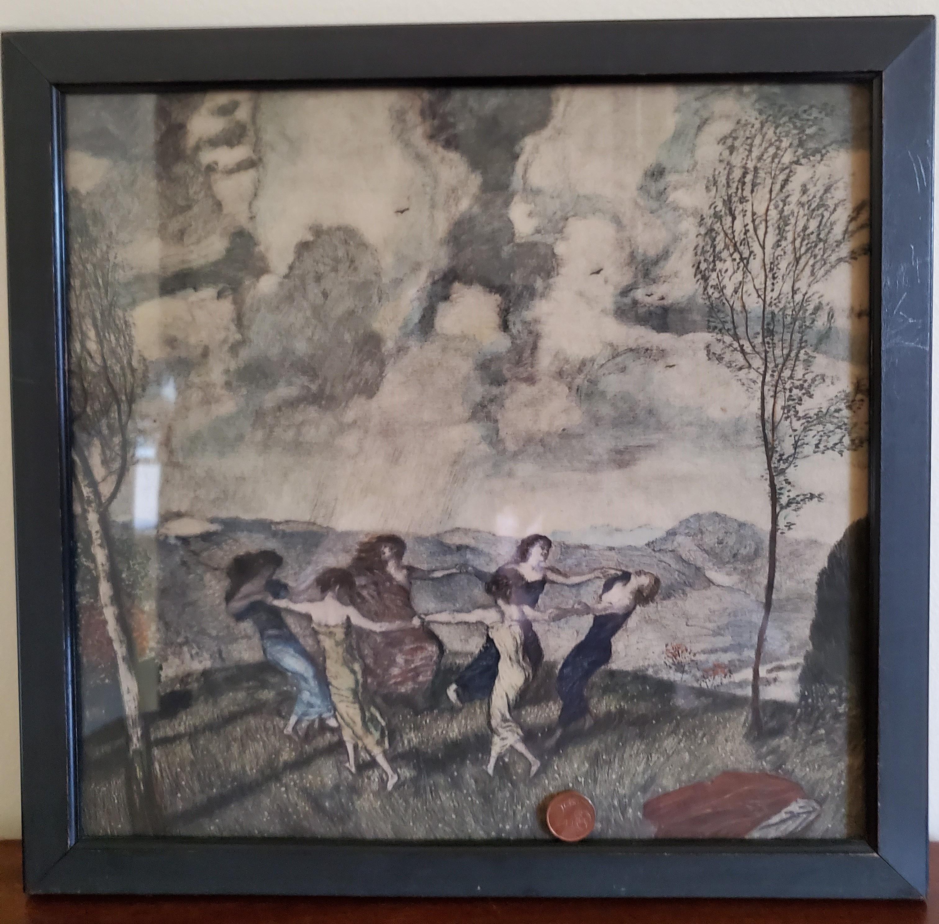 German Signed Franz von Stuck Chromolithograph of Six Maidens Dancing in a Meadow For Sale