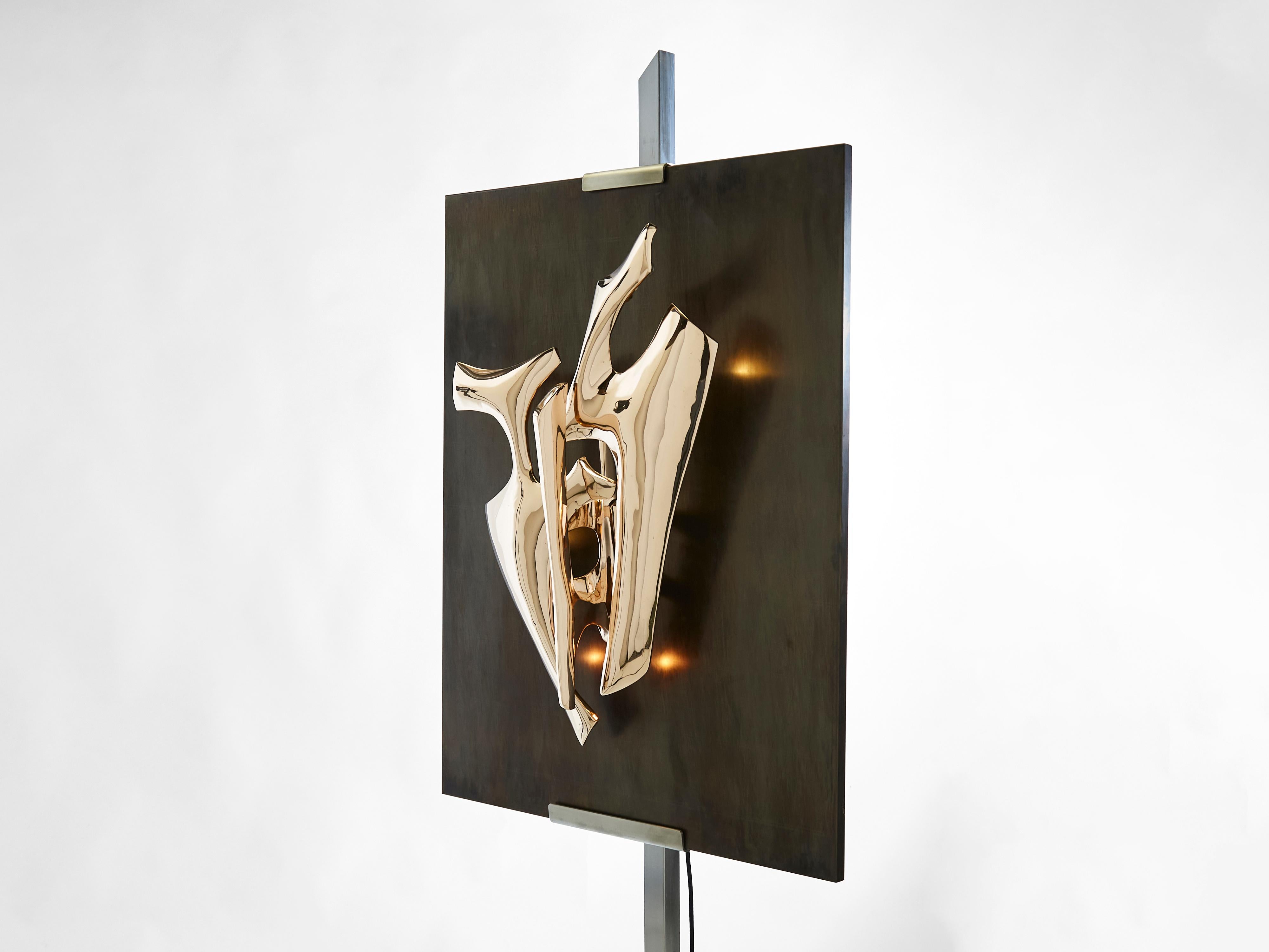 Signed Fred Brouard Steel Bronze Sculpture Chevalet Wall Lamp, 1976 For Sale 1