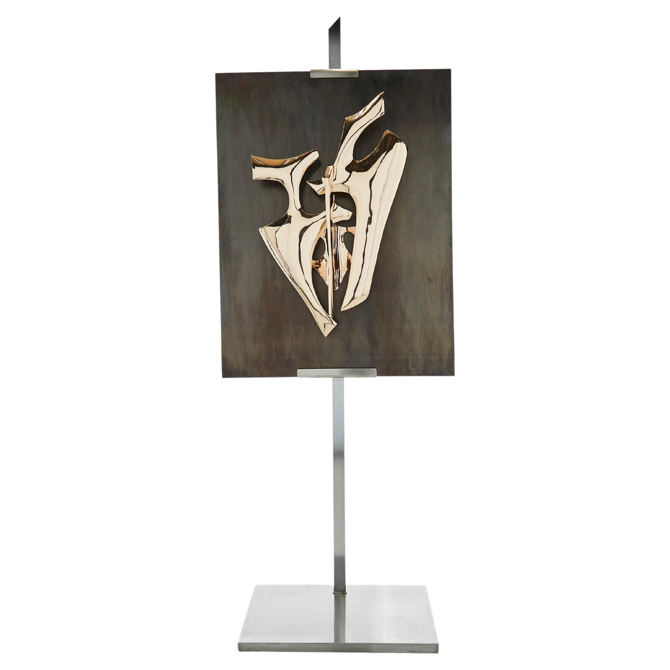 Signed Fred Brouard Steel Bronze Sculpture Chevalet Wall Lamp, 1976 For Sale