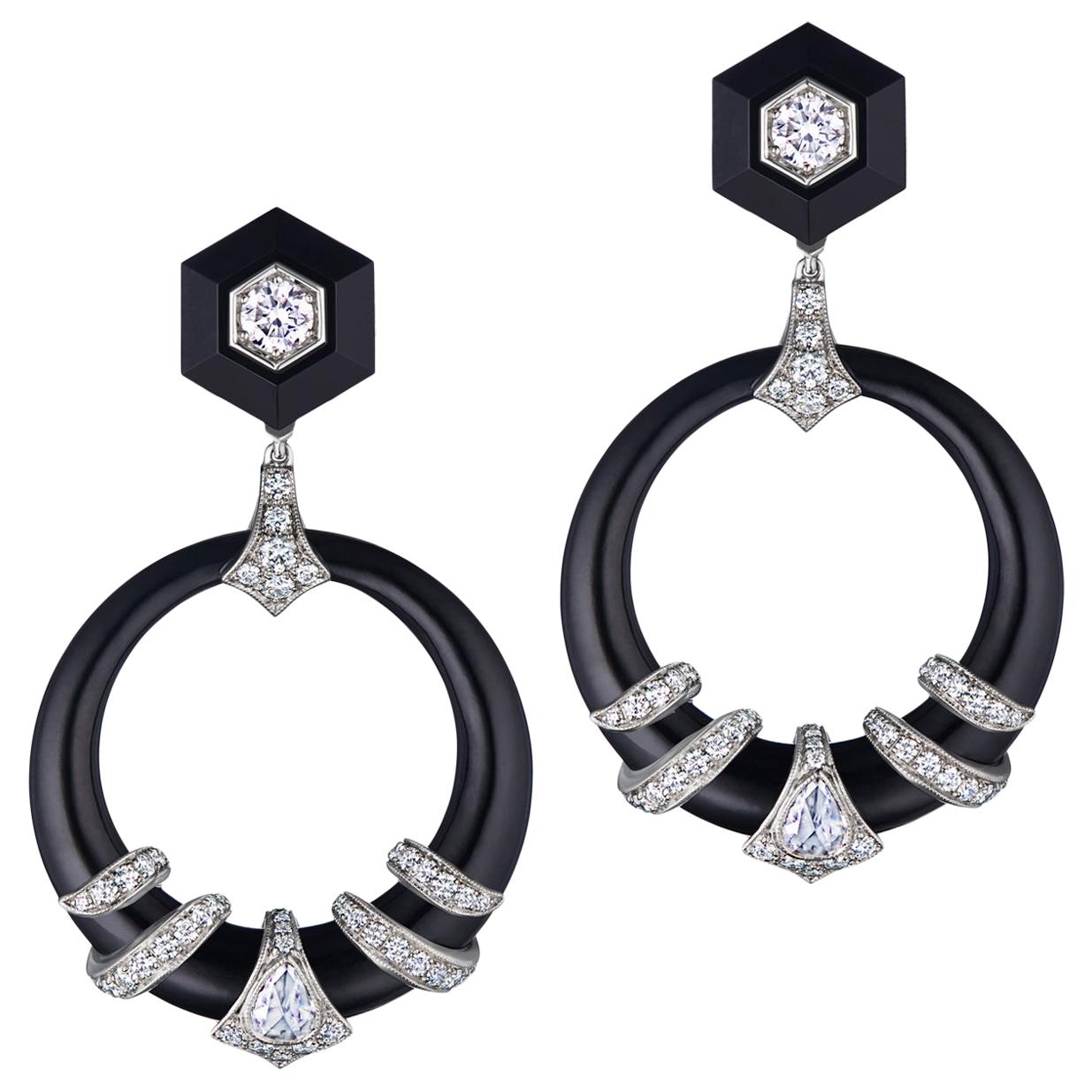  Fred Leighton Black Jade and Diamond Coil Doorknocker Earrings For Sale