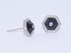 Fred Leighton Black Jade and Diamond Halo Hexagonal Stud Earrings