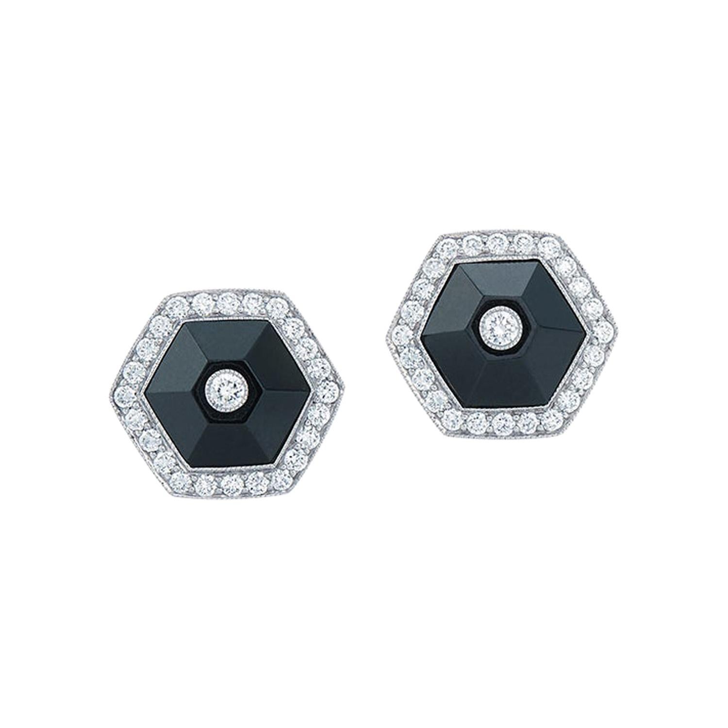 Fred Leighton Black Jade and Diamond Halo Hexagonal Stud Earrings