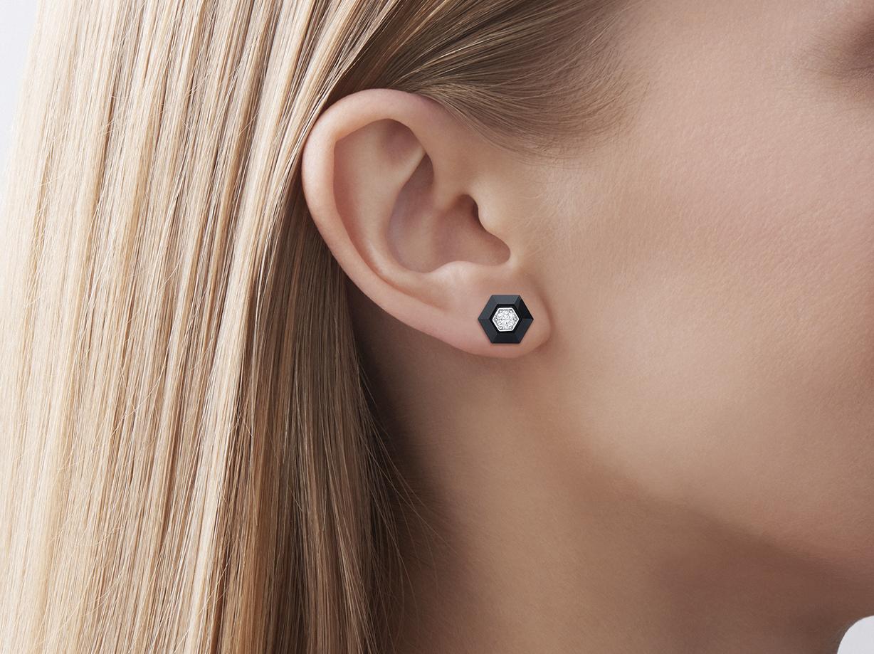 Round Cut Signed Fred Leighton Black Jade and Diamond Hexagonal Stud Earrings For Sale