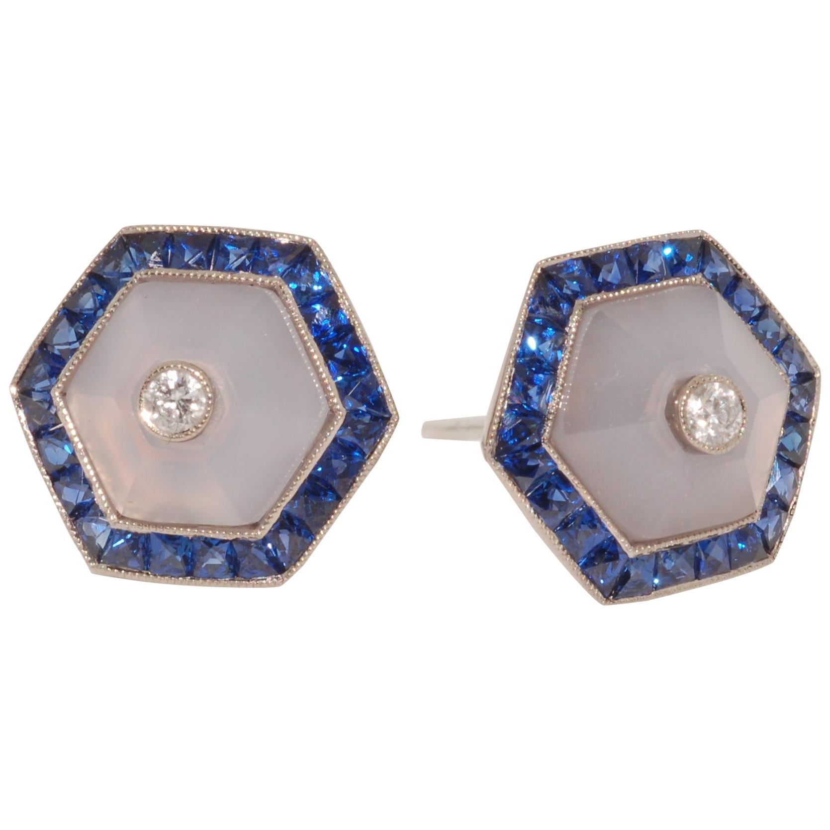 Fred Leighton Blue Chalcedony and Sapphire Halo Hexagonal Stud Earrings For Sale