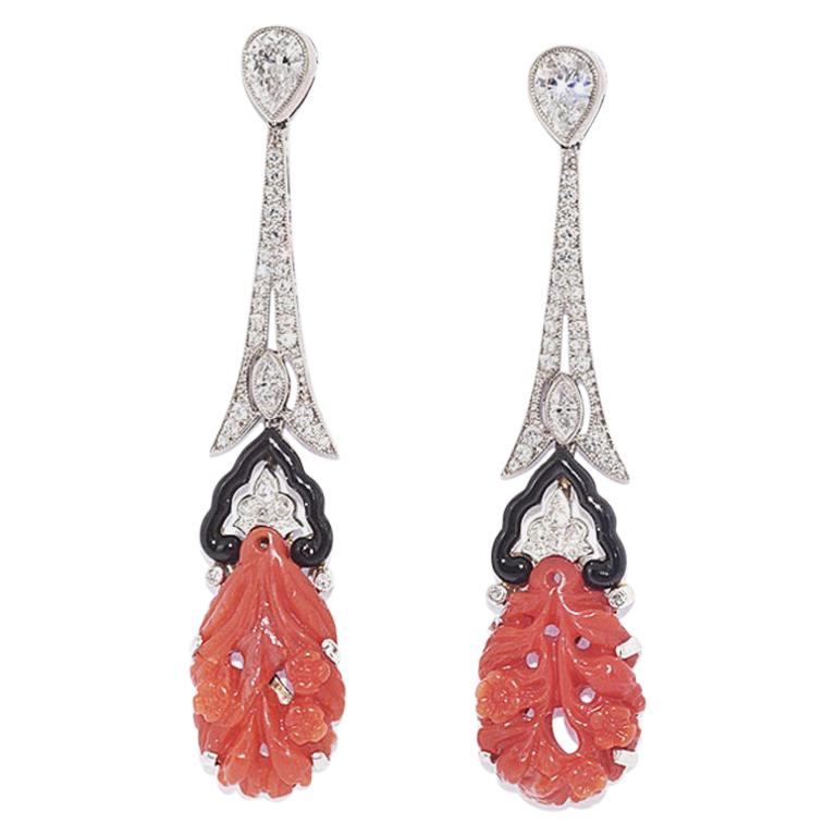 Fred Leighton Carved Coral, Black Enamel and Diamond Pendant Earrings