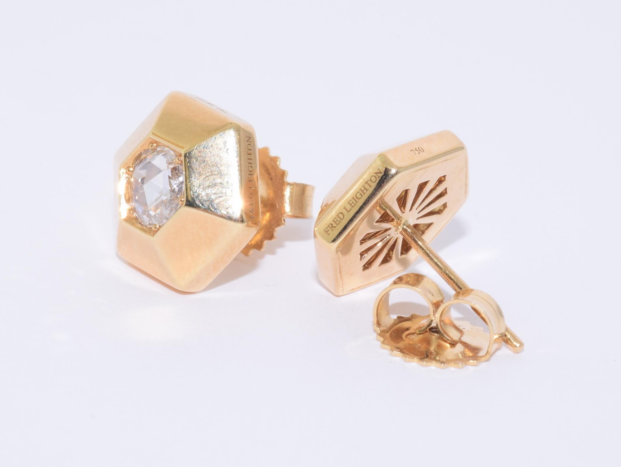 Fred Leighton Yellow Gold Rose Cut Diamond Hexagonal Stud Earrings In New Condition In New York, NY