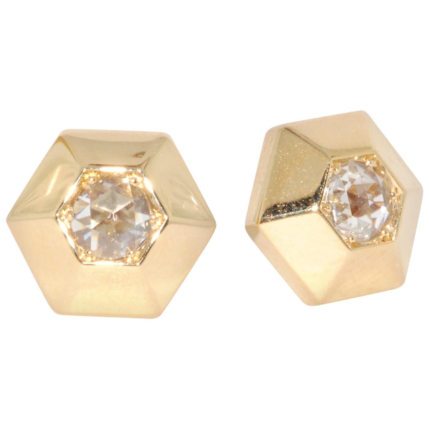 Fred Leighton Yellow Gold Rose Cut Diamond Hexagonal Stud Earrings