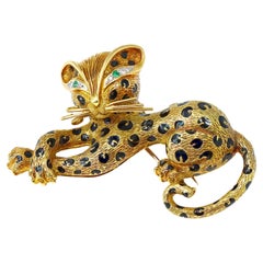 Signed Fred Paris Enamel Gold Leopard Brooch in 18K