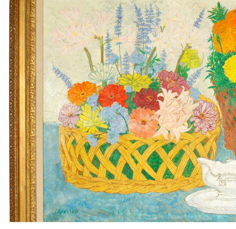 Signed Frederick Jessup oil painting. Joyful still life includes baskets of flowers.