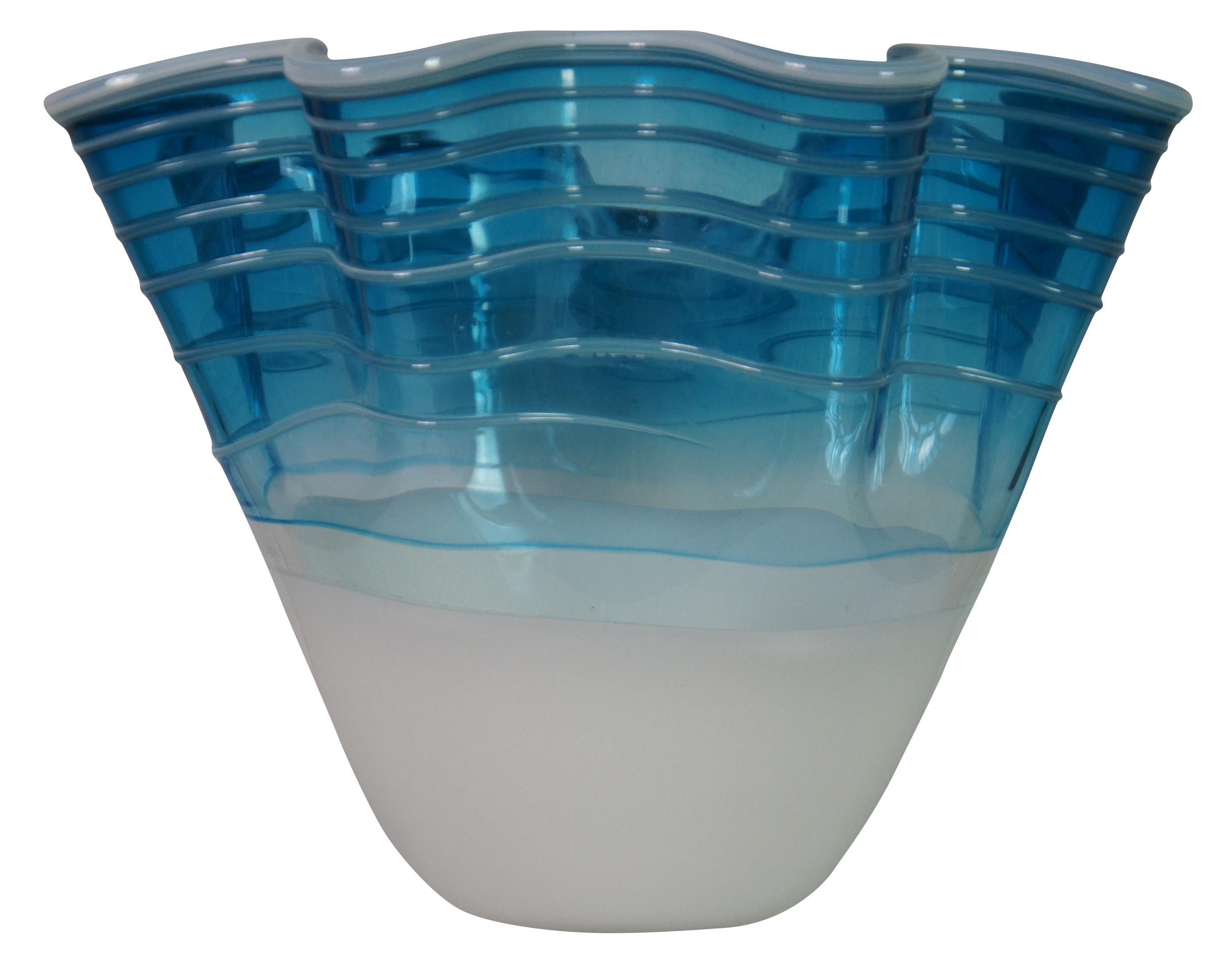 Modern Signed Freeform Studio Art Glass Centerpiece Bowl Vase Teal Blue Ruffle 15
