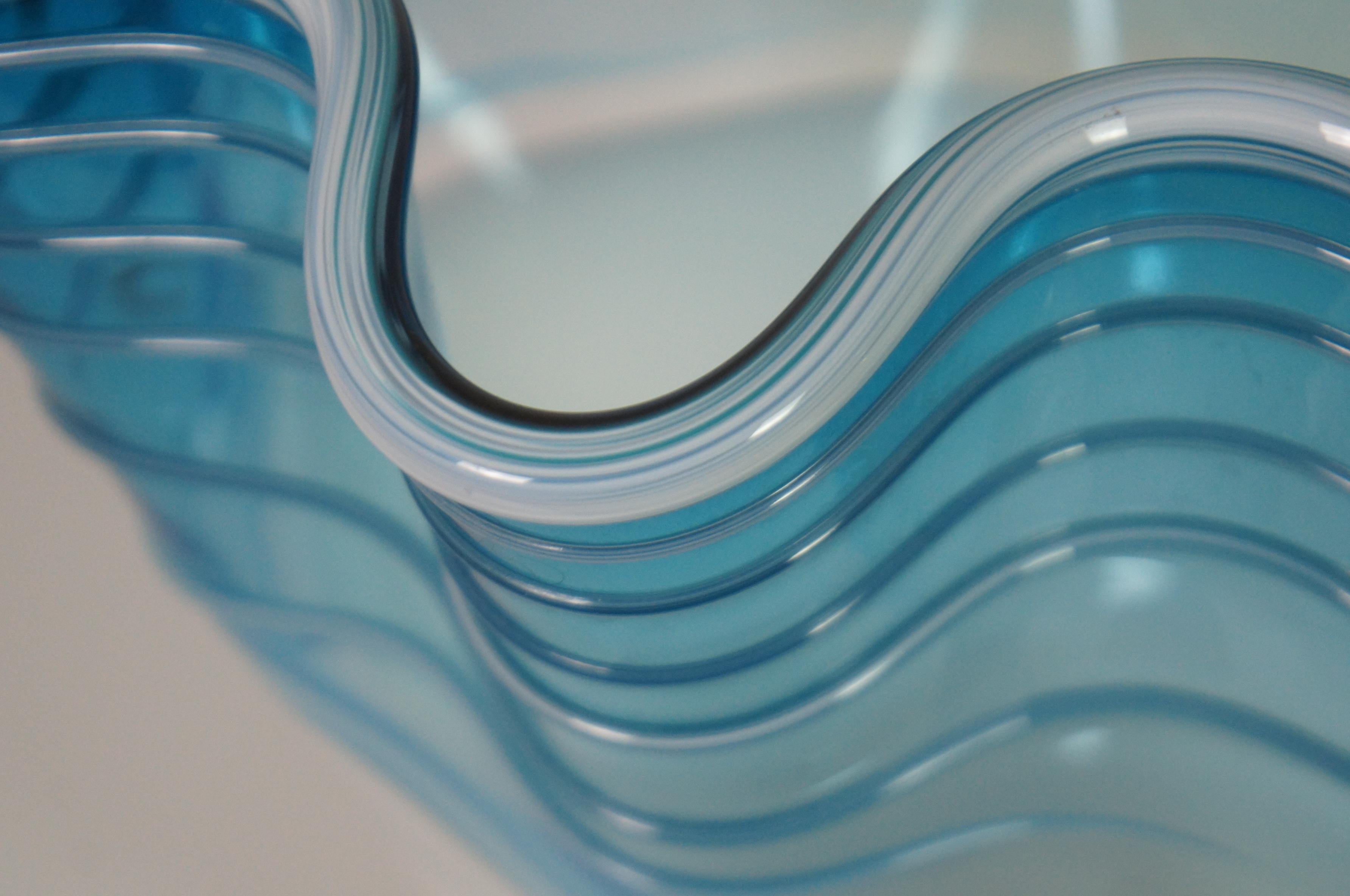 Signed Freeform Studio Art Glass Centerpiece Bowl Vase Teal Blue Ruffle 15