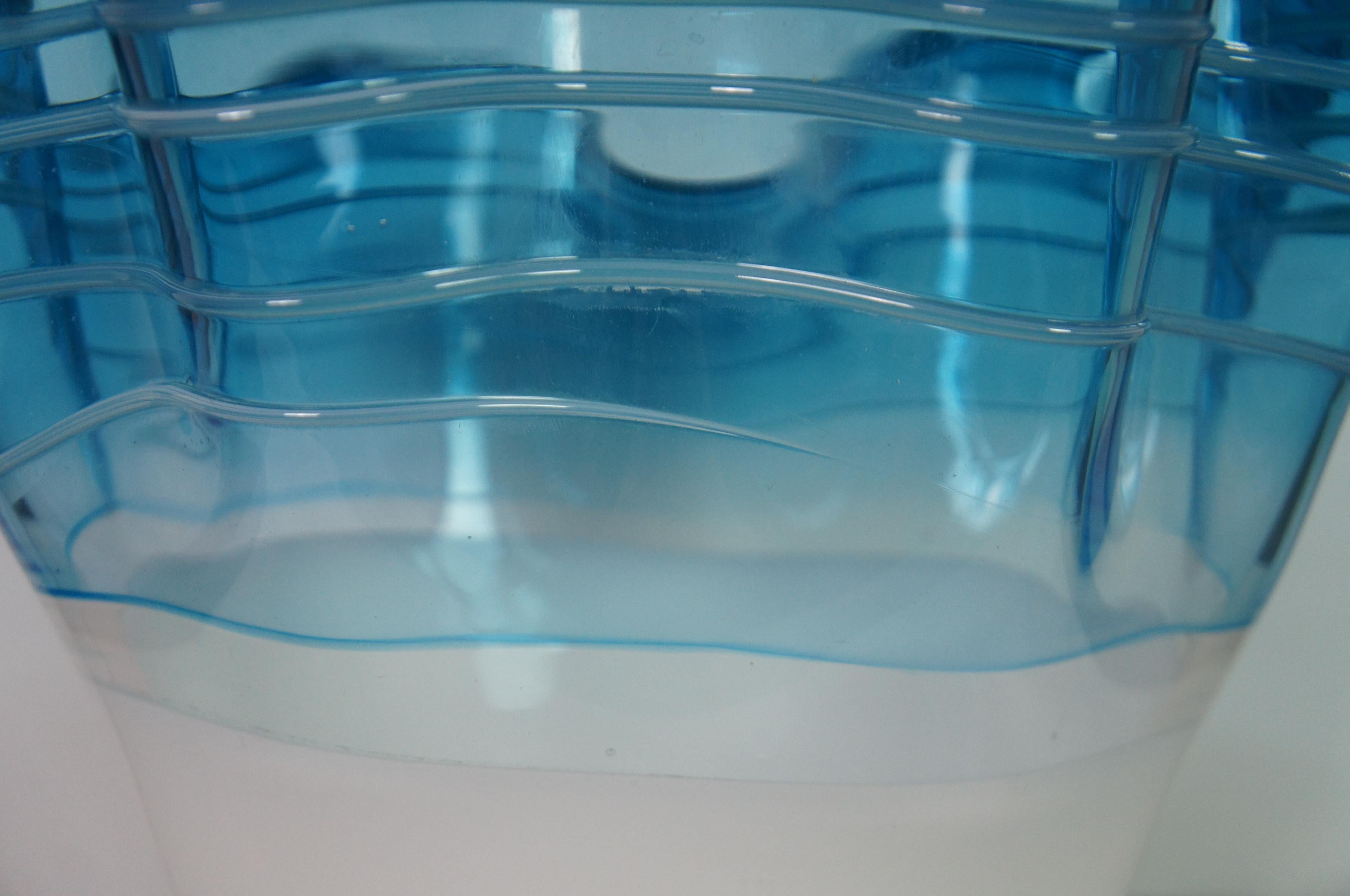 Signed Freeform Studio Art Glass Centerpiece Bowl Vase Teal Blue Ruffle 15
