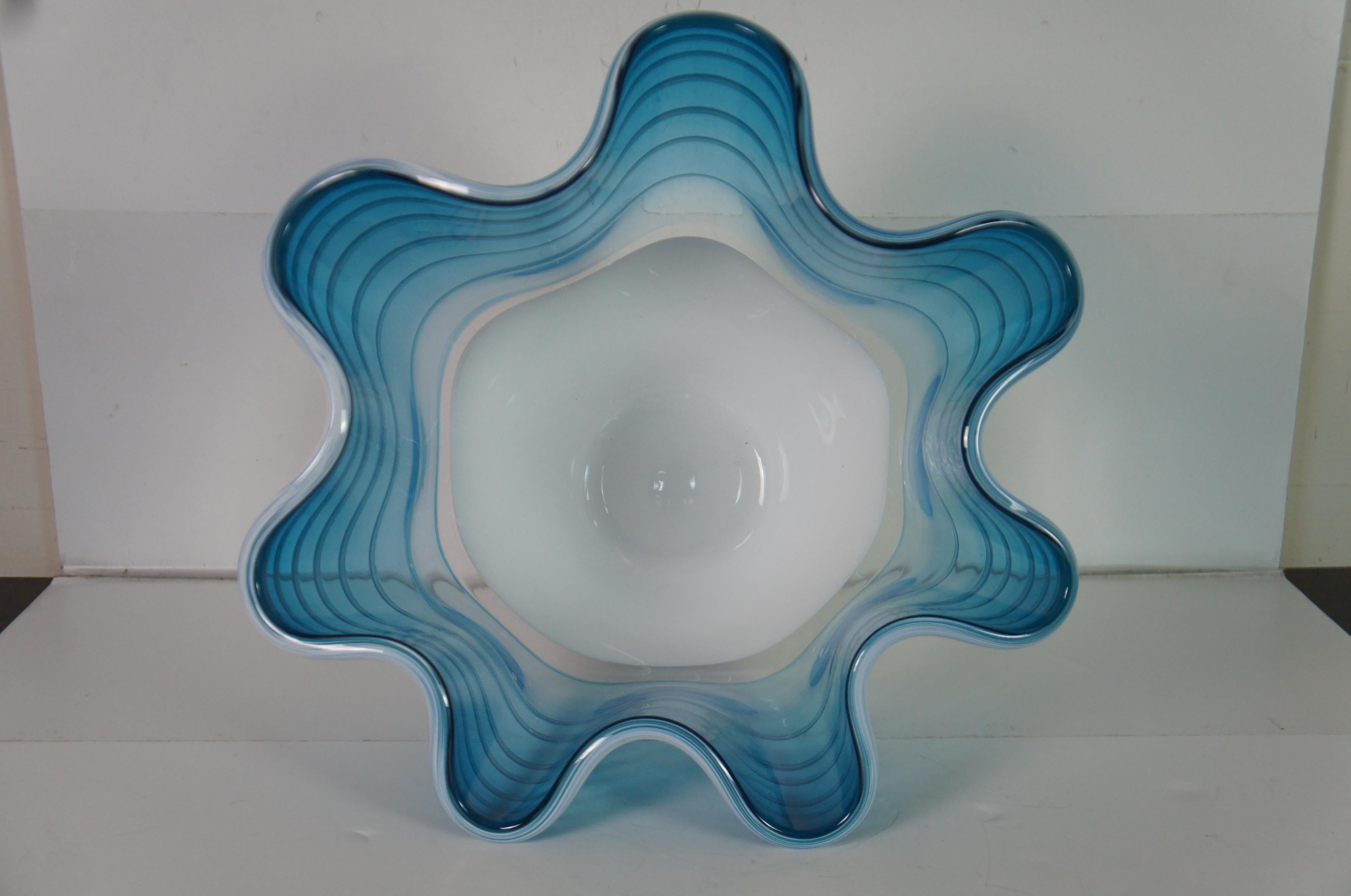 Signed Freeform Studio Art Glass Centerpiece Bowl Vase Teal Blue Ruffle 15