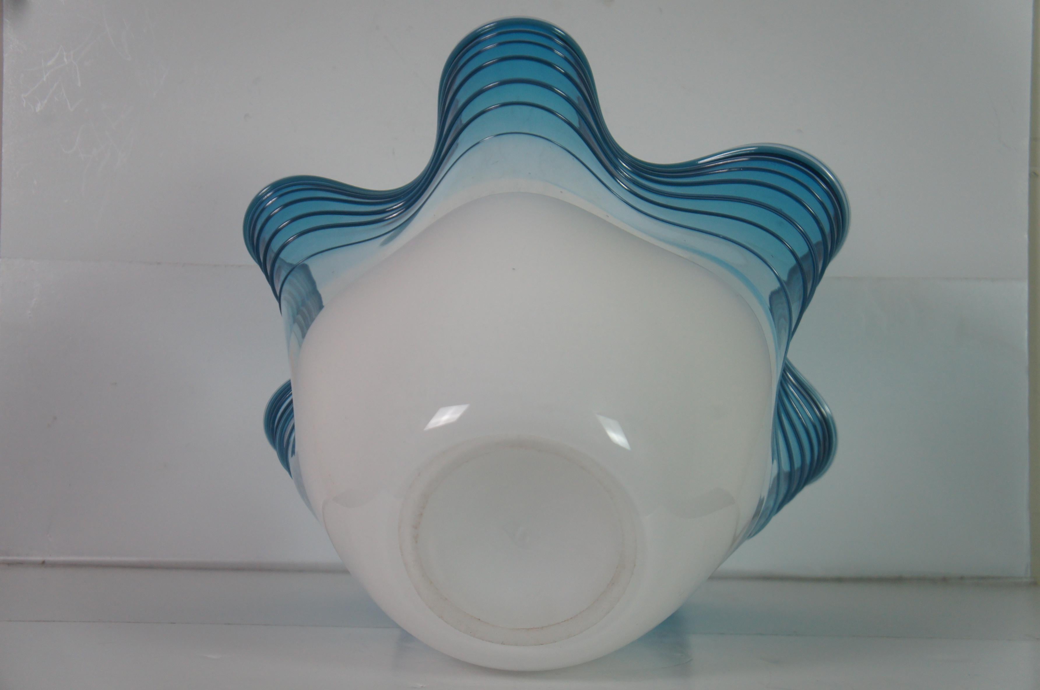 Signed Freeform Studio Art Glass Centerpiece Bowl Vase Teal Blue Ruffle 15