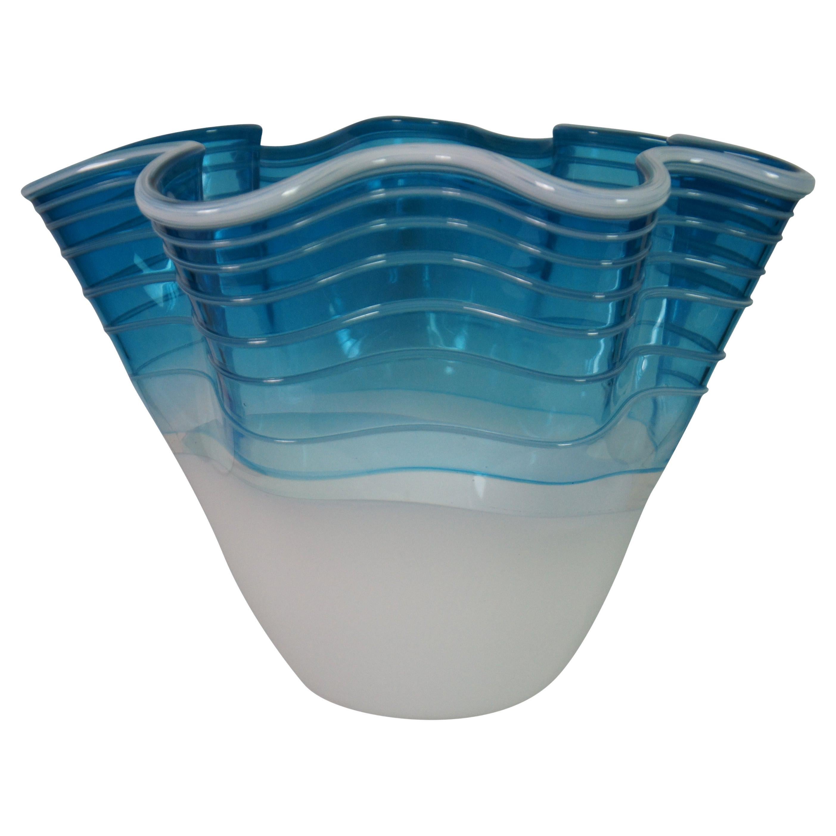 Signed Freeform Studio Art Glass Centerpiece Bowl Vase Teal Blue Ruffle 15" For Sale