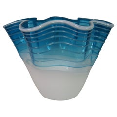 Signed Freeform Studio Art Glass Centerpiece Bowl Vase Teal Blue Ruffle 15"