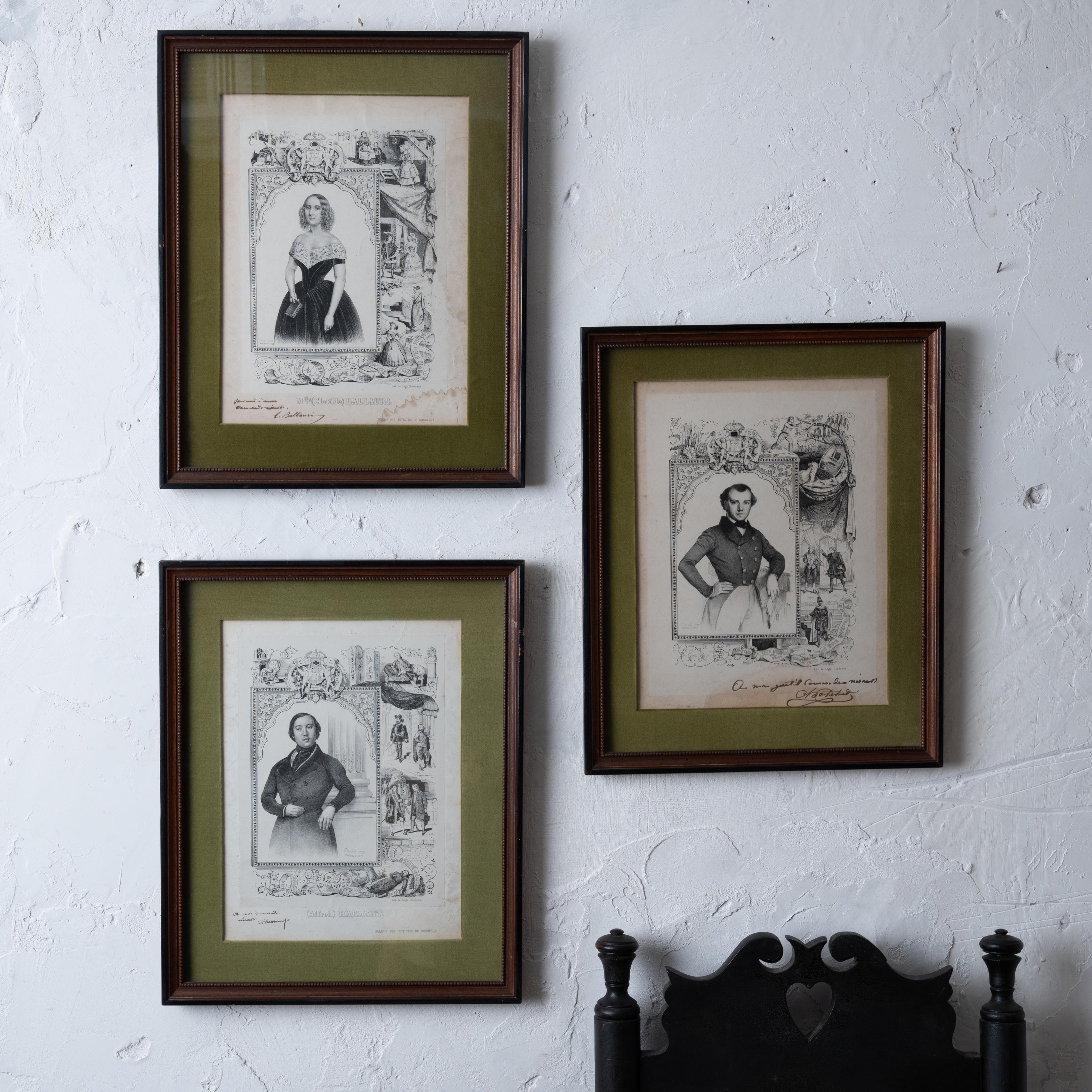 Conjunto de 3 litografías de actores franceses firmadas por los actores, hacia 1843.

Clotilde Ballauri, Alfred Harmant y otro sin nombre impreso. 

vista: 9 ½ por 12 ½ pulgadas

marco: 13 ¾ por 17 pulgadas



