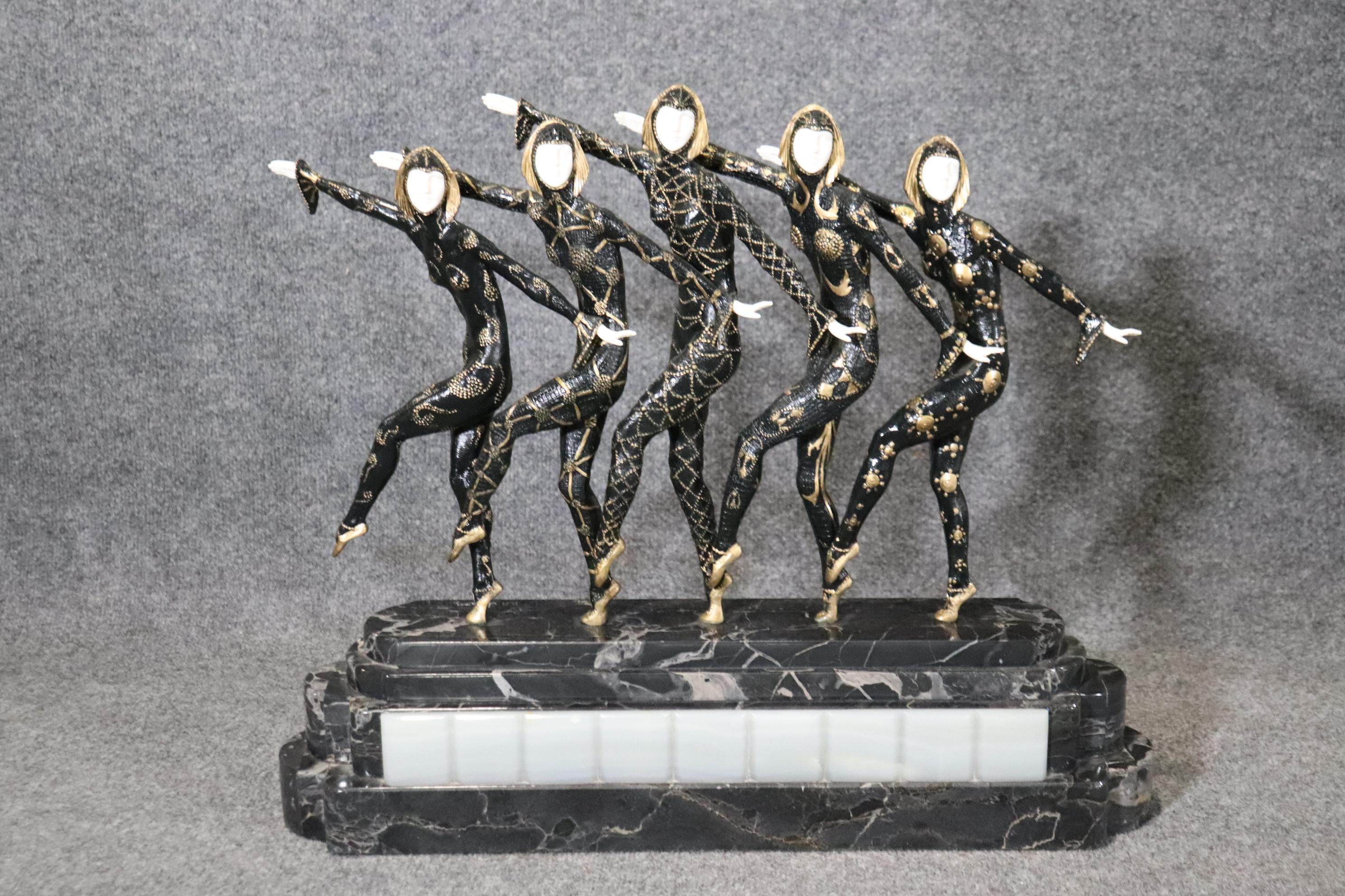 20th Century Signed French Art Deco Bronze Les Girls on Onyx Pedestal After Demetre Chiparus For Sale
