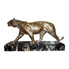 Signed French Art Deco Gilt Bronze Panther Sculpture