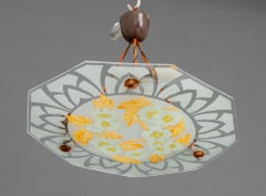 Signed French Art Deco Painted Glass Plafonnier