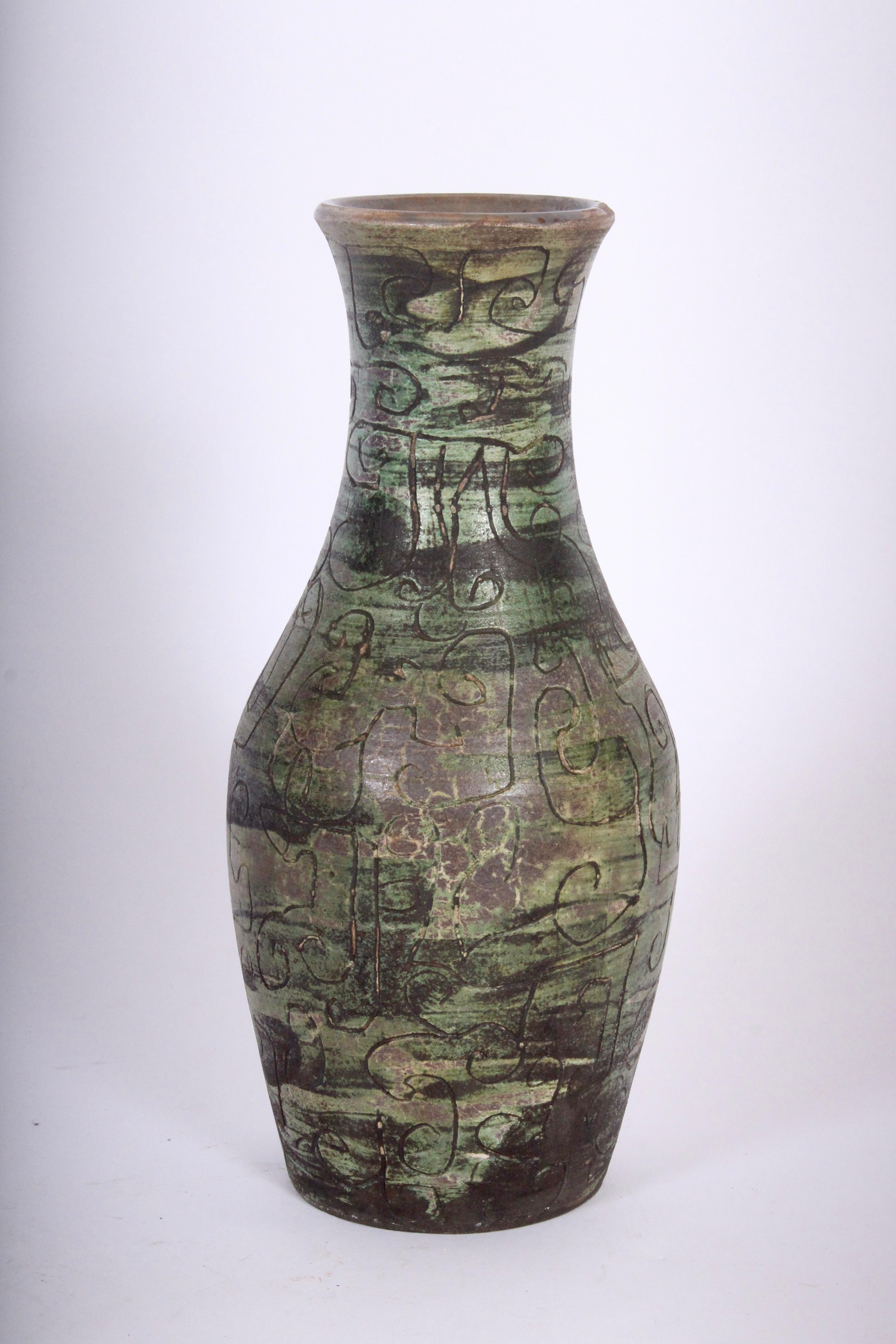 Signed French Incised Green Tone Art Studio Pottery Vase, circa 1950 For Sale 5