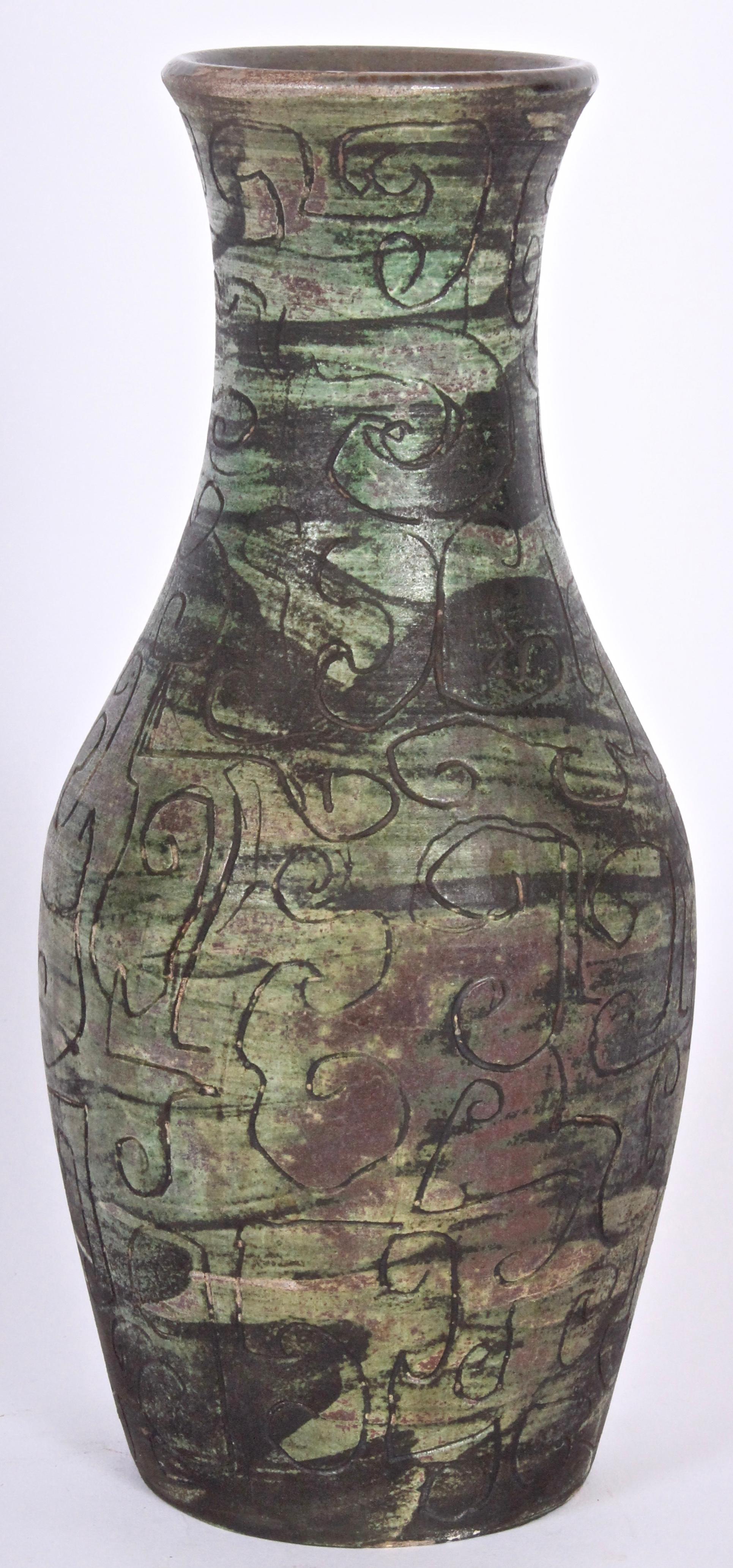 Glazed Signed French Incised Green Tone Art Studio Pottery Vase, circa 1950 For Sale