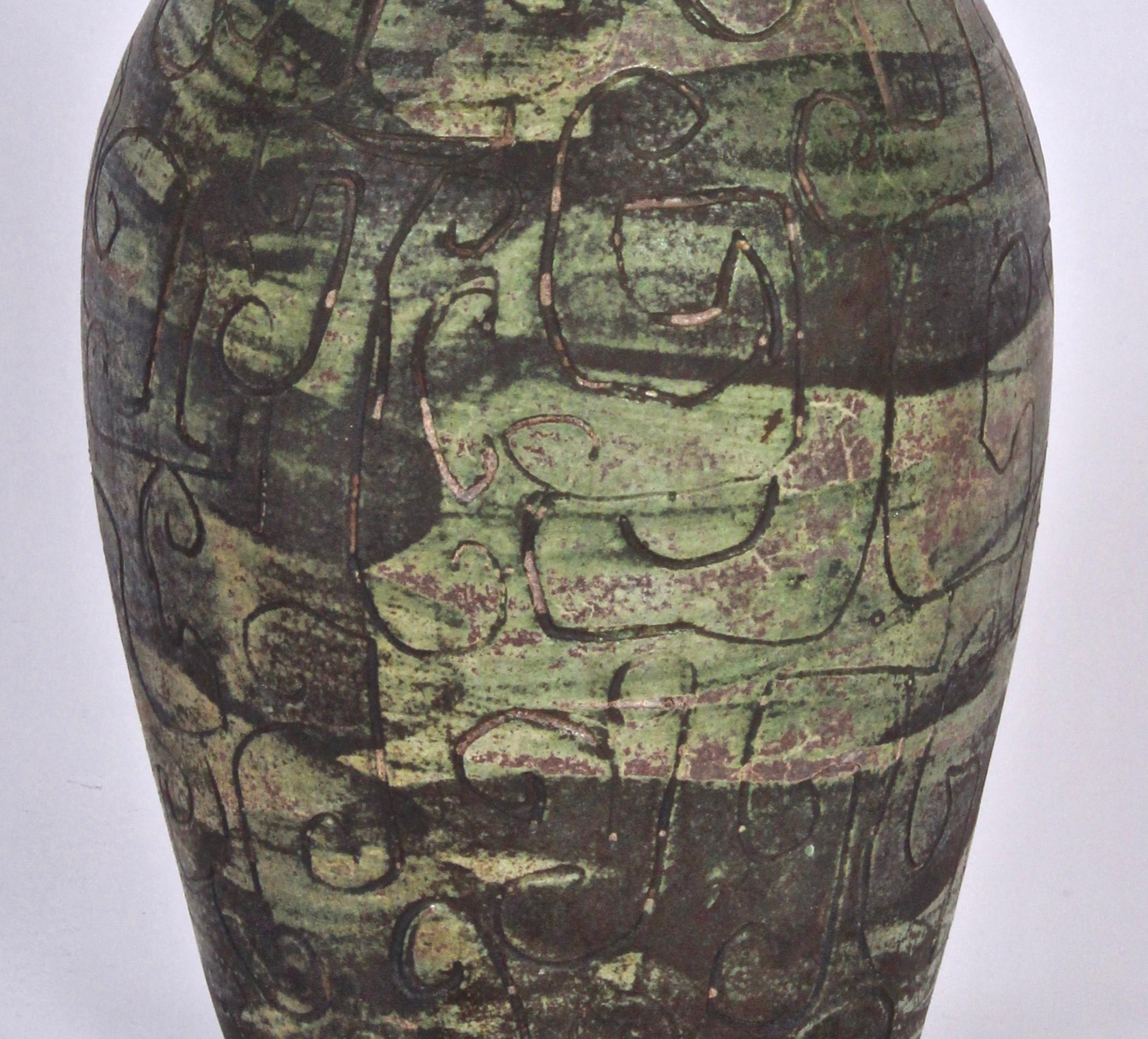 Signed French Incised Green Tone Art Studio Pottery Vase, circa 1950 In Good Condition For Sale In Bainbridge, NY