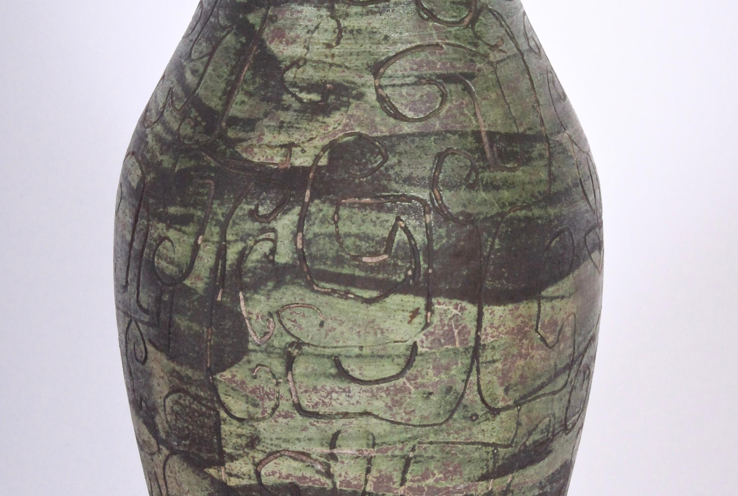 Mid-20th Century Signed French Incised Green Tone Art Studio Pottery Vase, circa 1950 For Sale