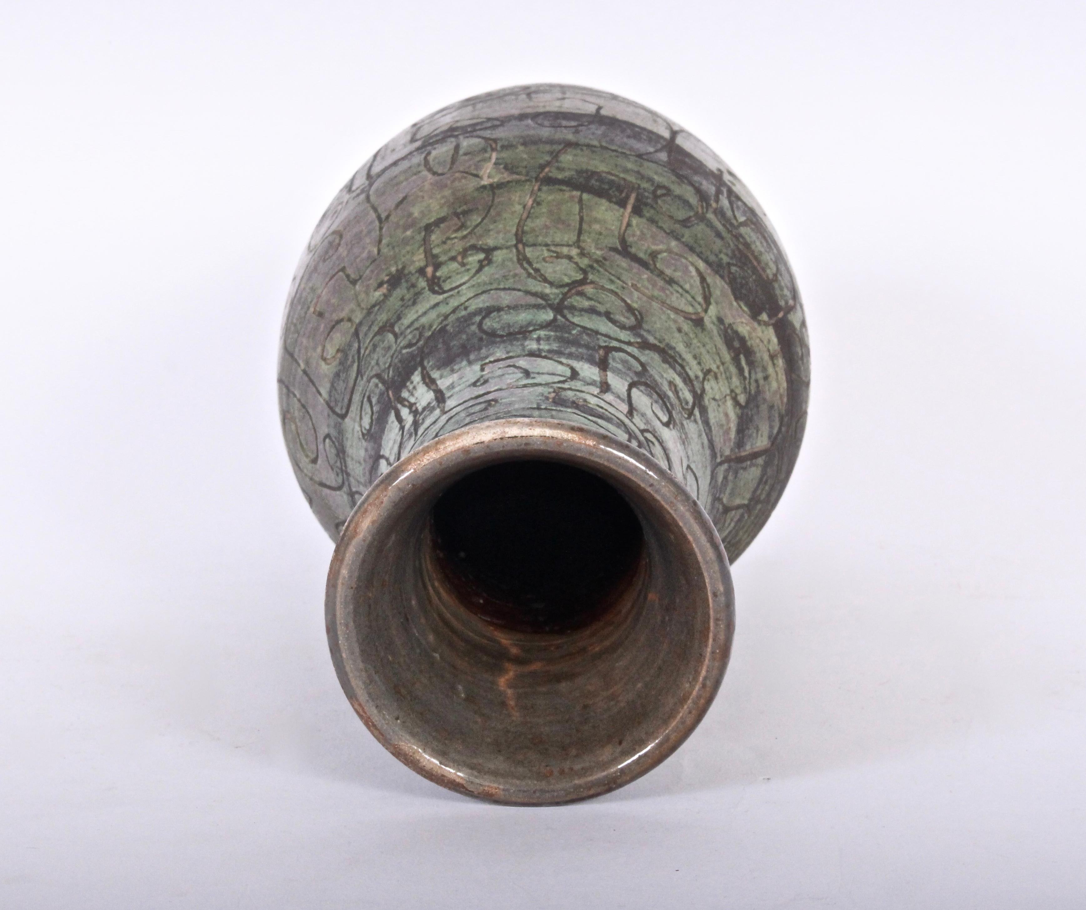 Signed French Incised Green Tone Art Studio Pottery Vase, circa 1950 For Sale 2