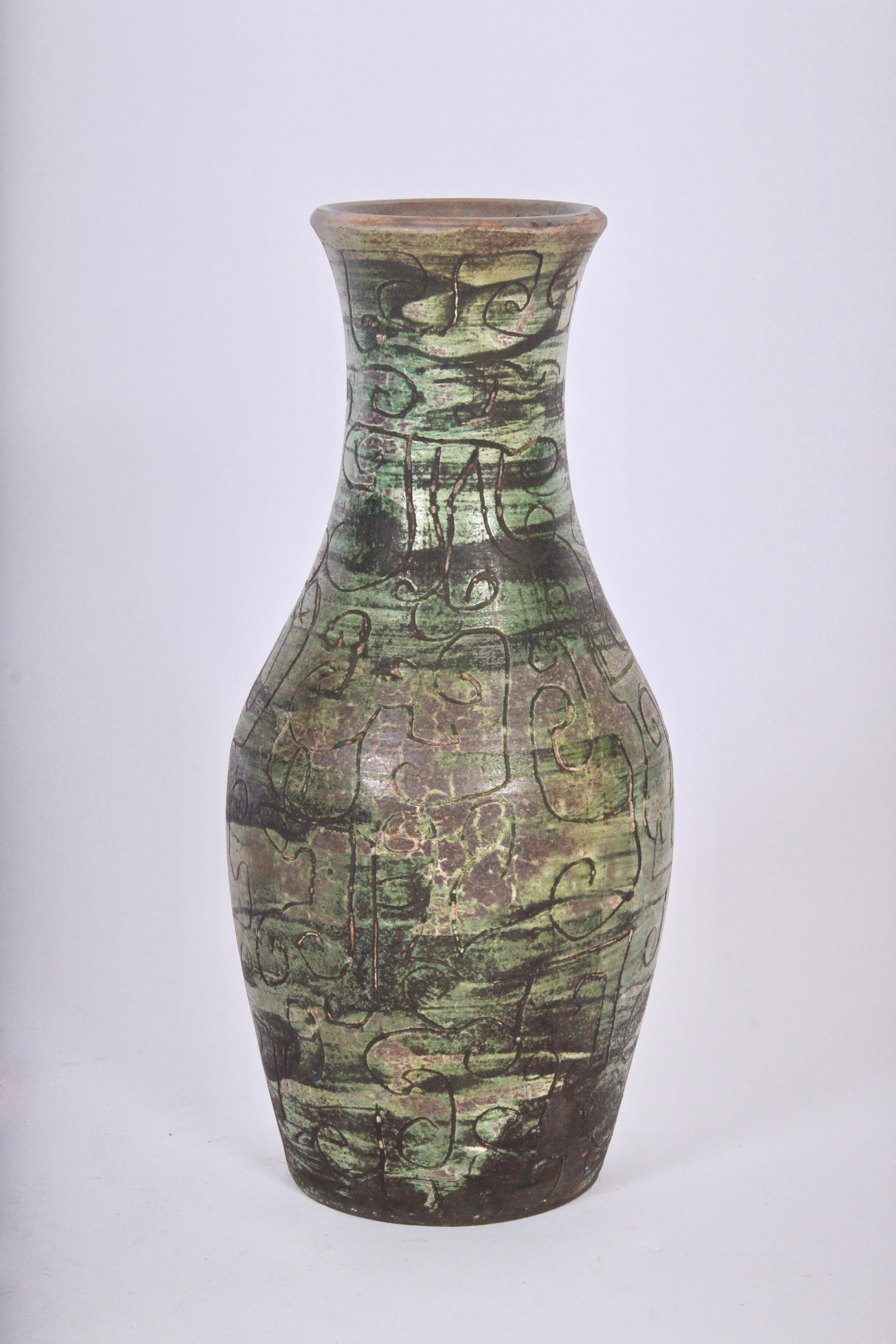 Signed French Incised Green Tone Art Studio Pottery Vase, circa 1950 For Sale 3