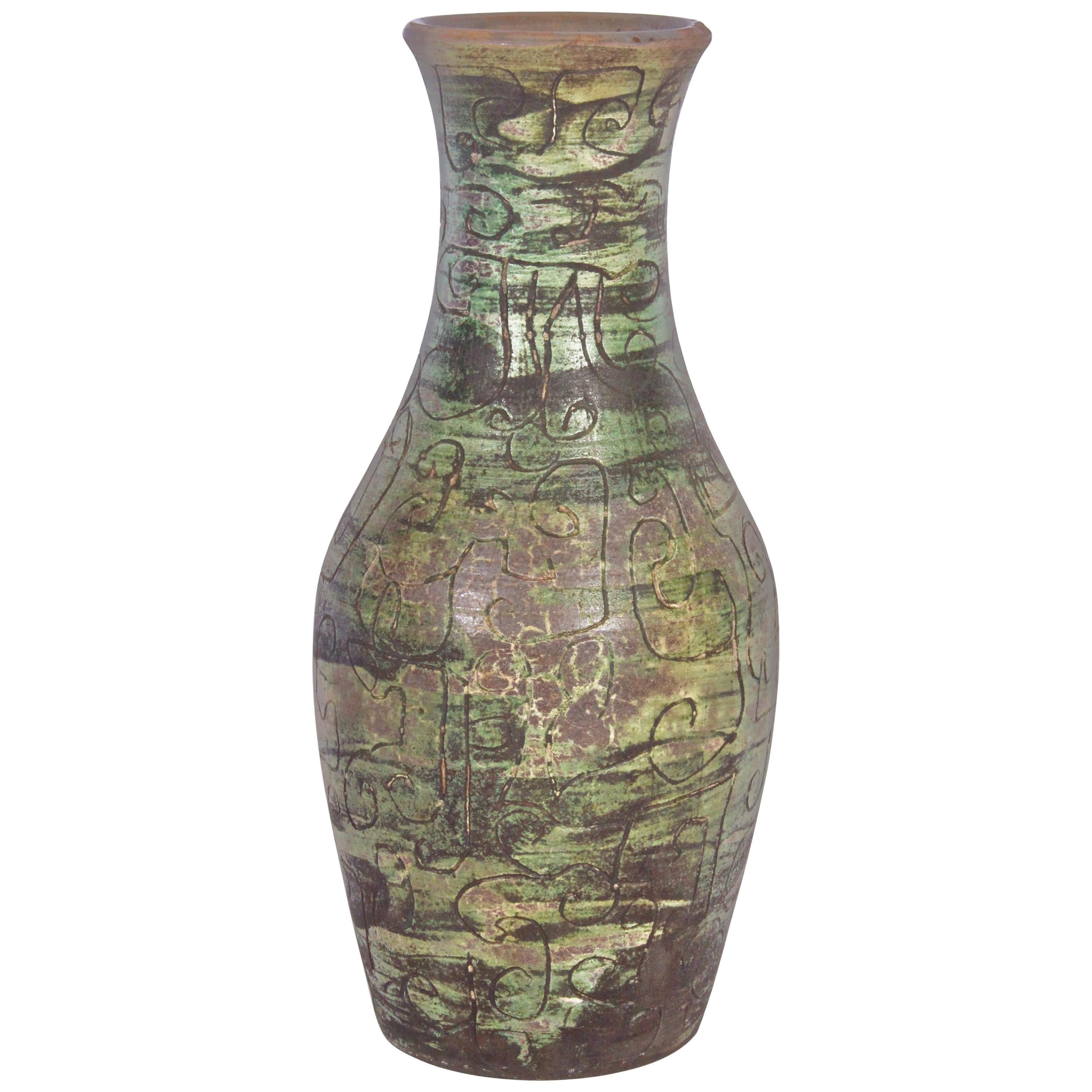 Signed French Incised Green Tone Art Studio Pottery Vase, circa 1950 For Sale