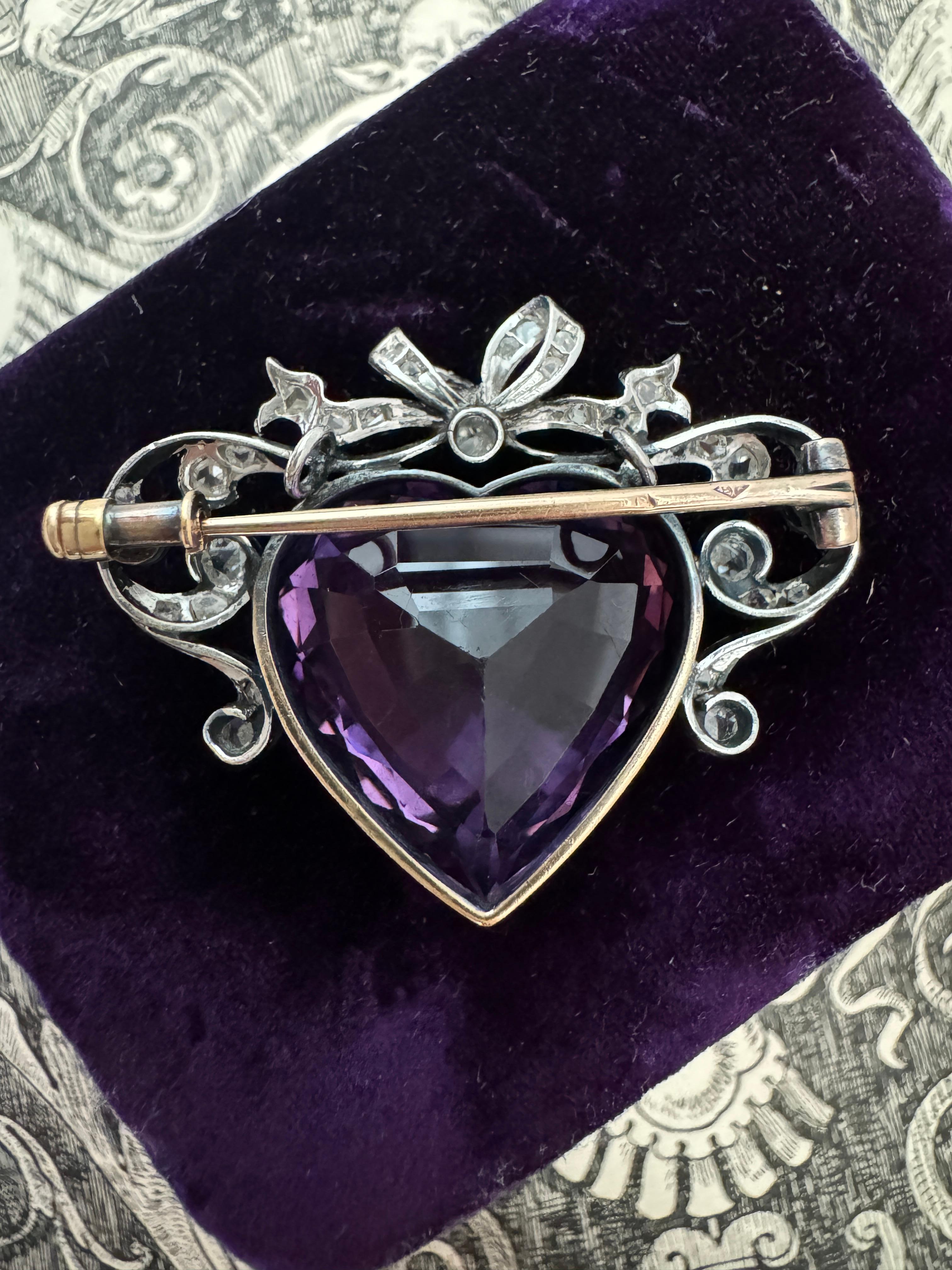 Heart Cut Signed French Belle Epoque Amethyst and Diamond Crowned Heart Pendant Brooch For Sale