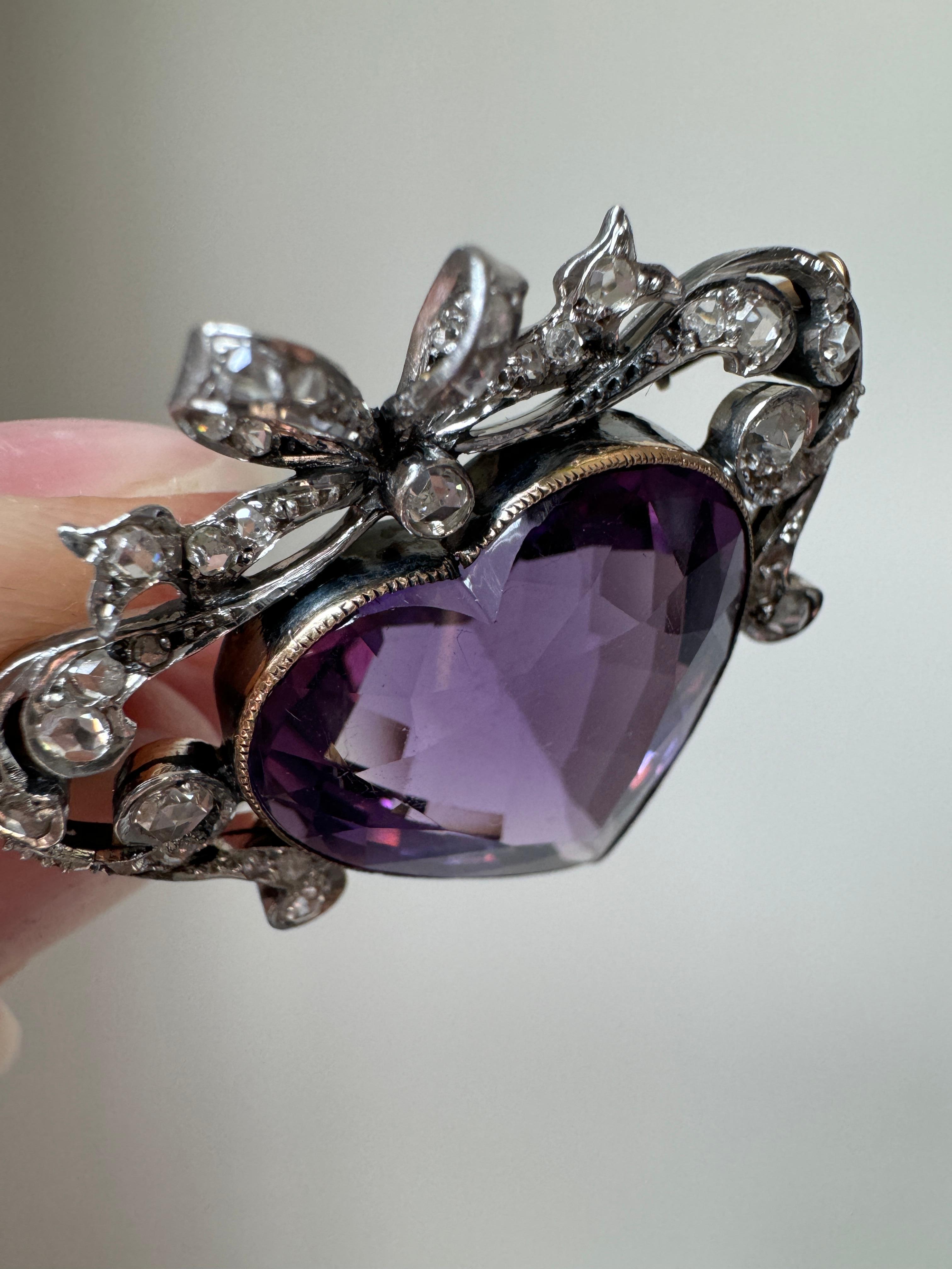 Signed French Belle Epoque Amethyst and Diamond Crowned Heart Pendant Brooch In Good Condition For Sale In Hummelstown, PA